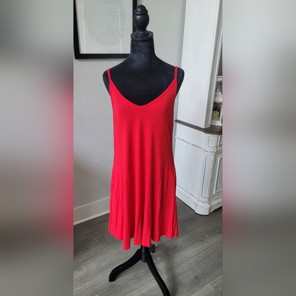 Spaghetti Strap V Neck Swing Dress W Pockets Red Medium